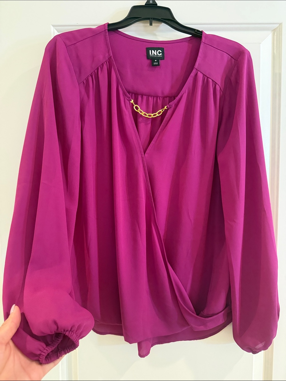 INC International Concepts Fuchsia Chain-Accent Wrap Blouse